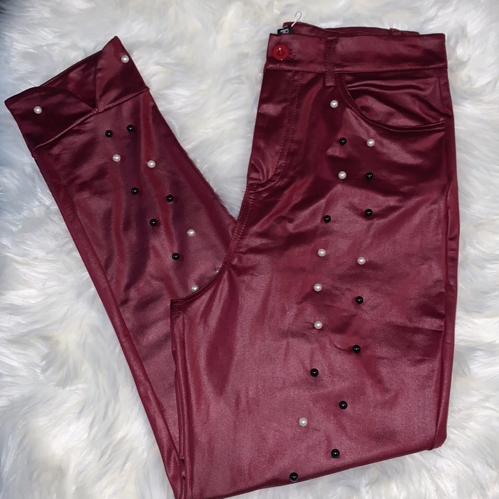 Faux Pearl Embellished Faux Leather Pants